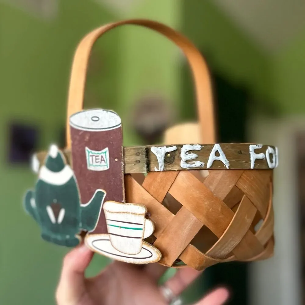 VTG Rustic Tea for Two Woven Basket With Handle Cottagecore Accent
